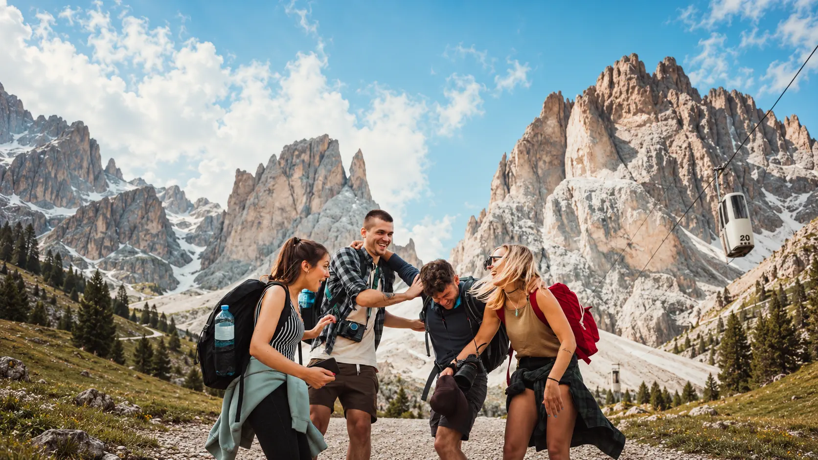 Grupo de pessoas felizes ao ar livre durante uma viagem.